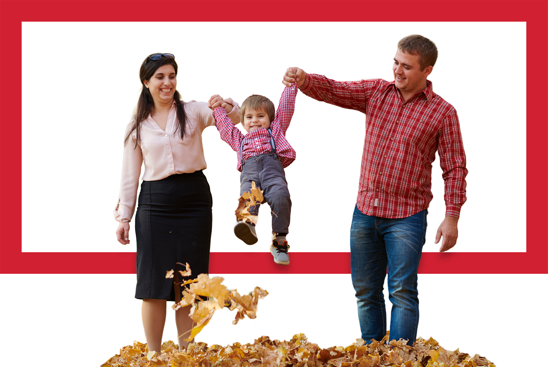 family in fall leaves